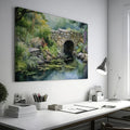 Framed canvas print of a serene watercolor painting of a rustic stone bridge over a calm pond with water lilies