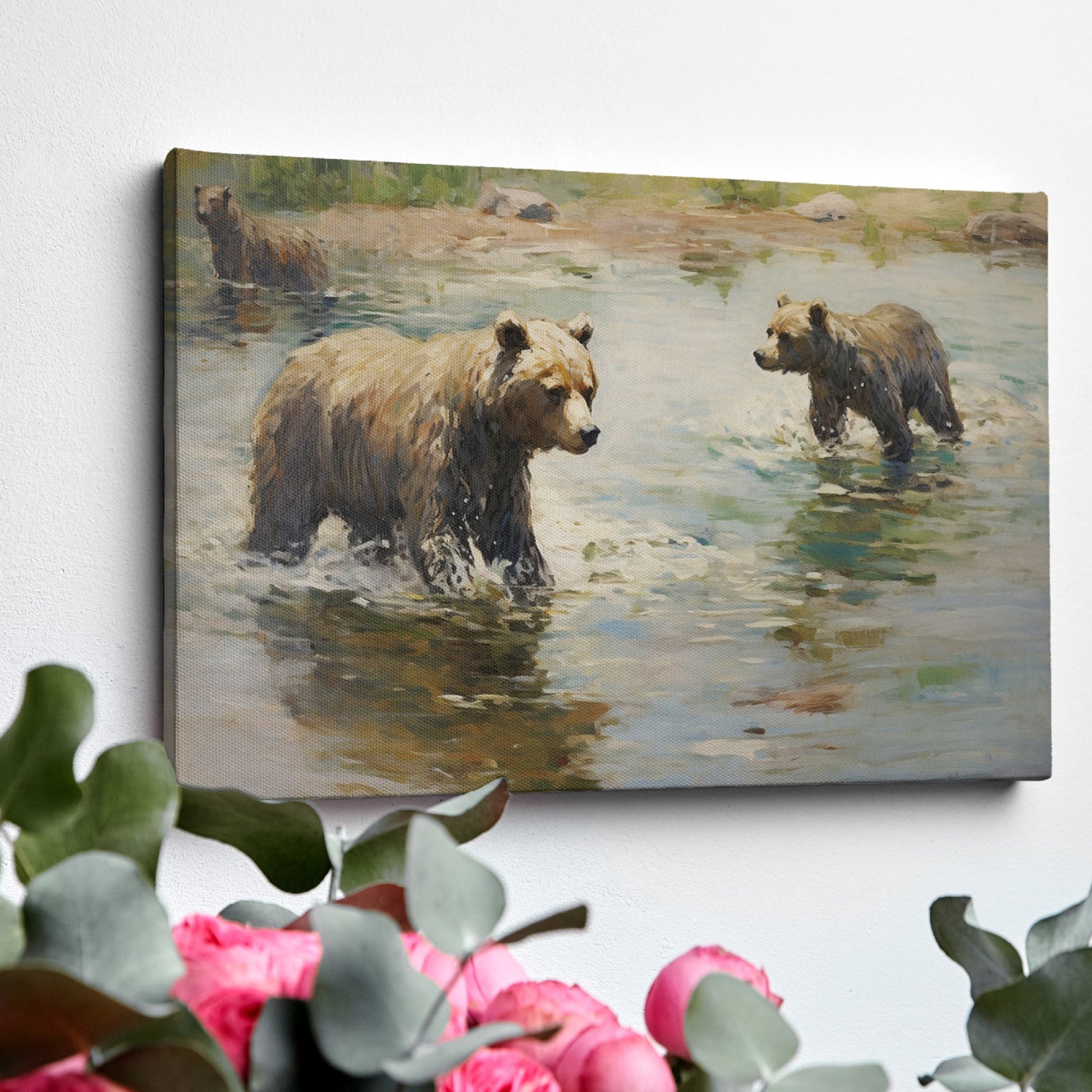 Framed canvas print of grizzly bears wading through water in an impressionist style