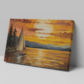 Abstract sailboat at sunset with orange and yellow sky over blue water, bordered by dark trees.