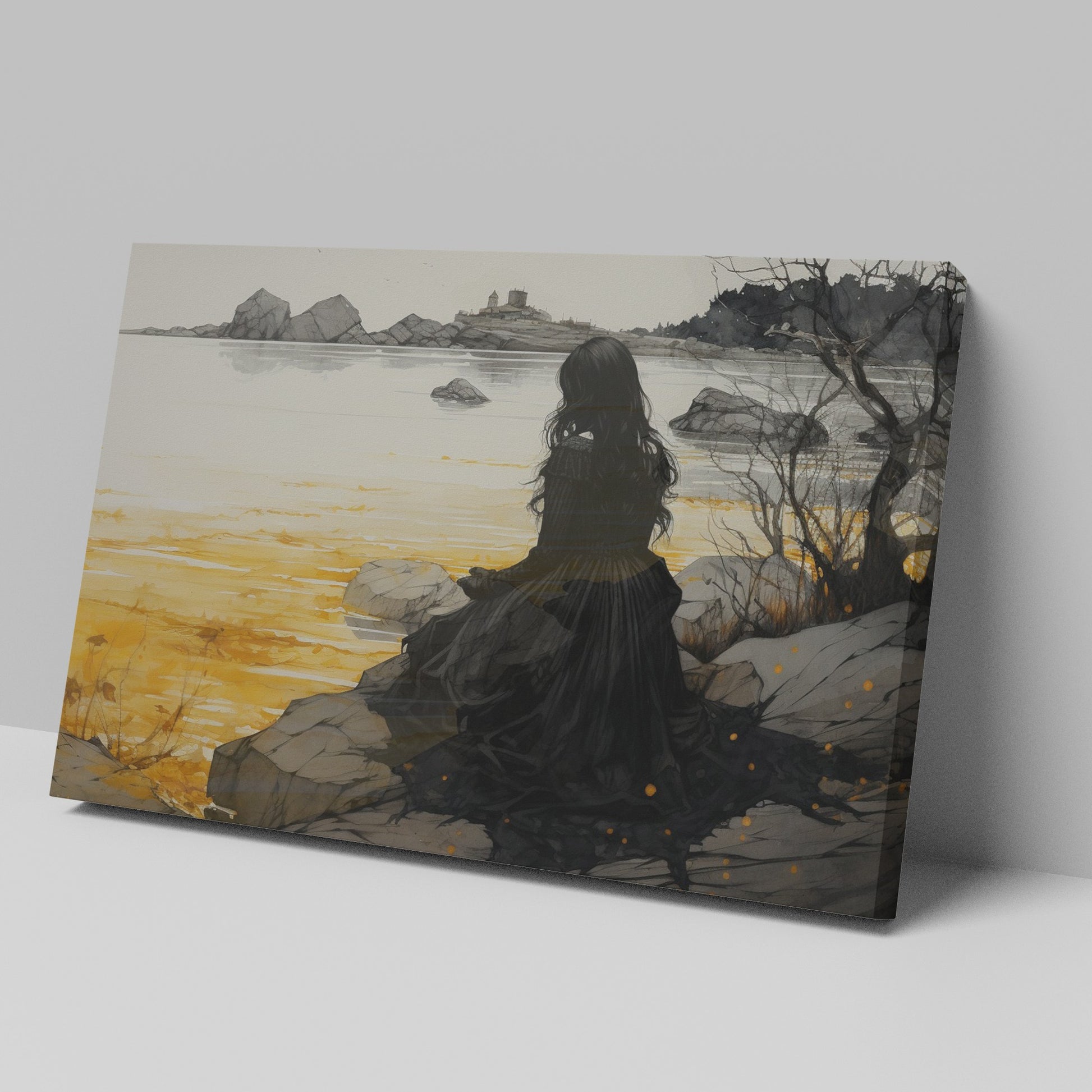 Framed canvas print of a woman in a gothic gown overlooking a golden sunset seascape with a castle