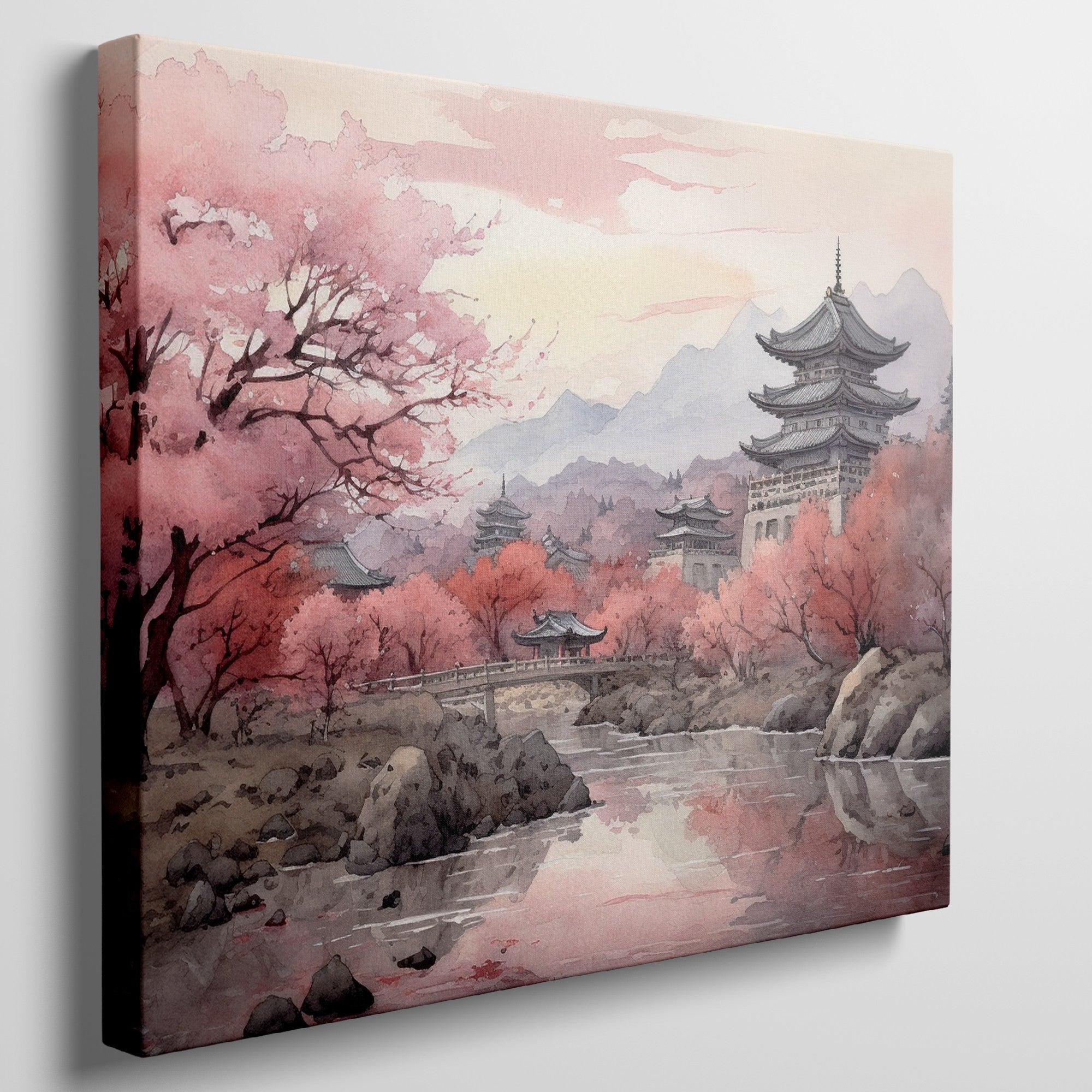 Framed canvas print of a traditional Asian cherry blossom landscape with pagodas and a serene river