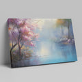 Framed canvas print of a serene landscape with cherry blossoms and a misty lake