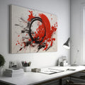 Framed canvas print of explosive red and black abstract art with dynamic splatters and bold strokes