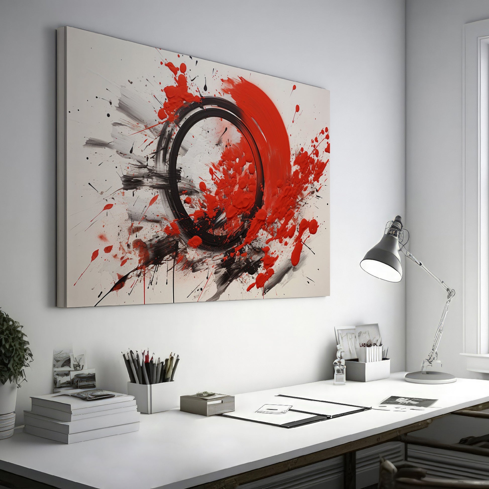 Framed canvas print of explosive red and black abstract art with dynamic splatters and bold strokes