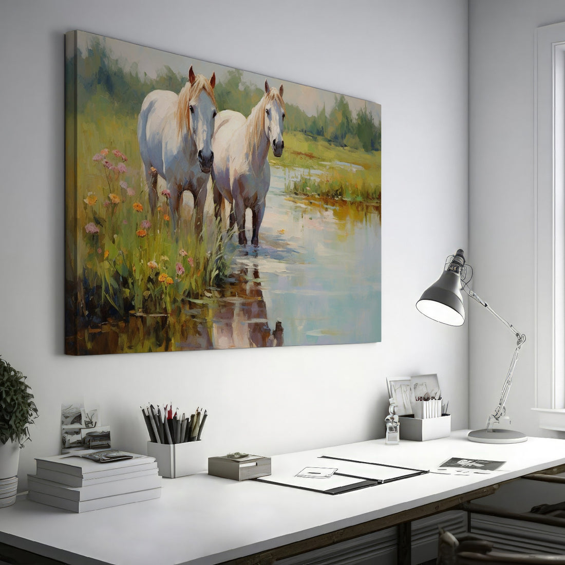 Framed canvas print of two horses in a pastoral landscape with reflections in water