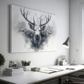 Framed canvas print of a mystical monochrome stag with abstract ink splash design