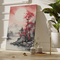 Framed canvas print of Asian-inspired landscape with crimson tree and misty mountains