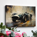 Framed canvas print of a vintage race car depicted in vibrant, artistic style