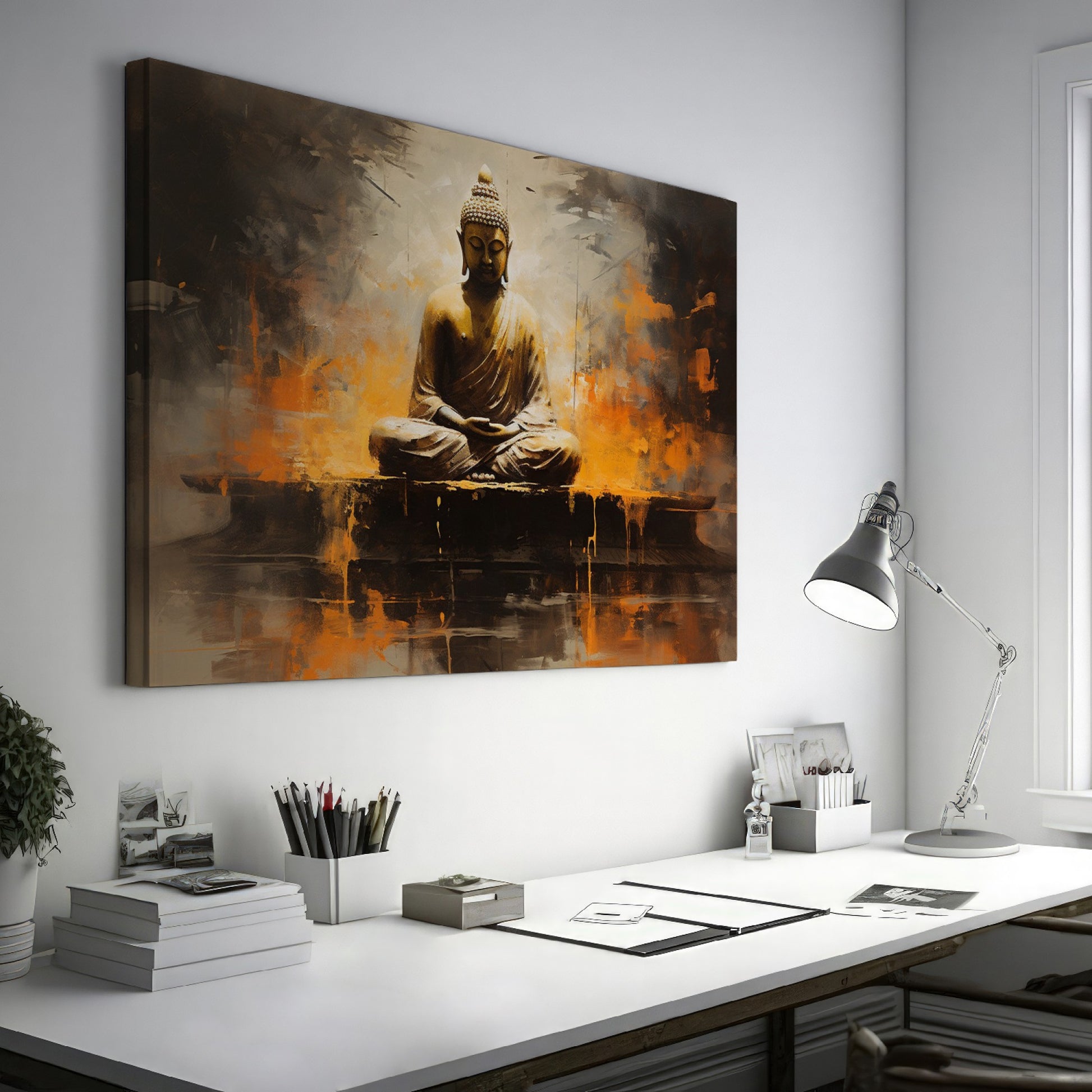 Framed canvas print of a serene Buddha in abstract style with warm orange and brown tones