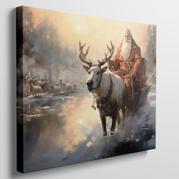 Framed canvas print of a mythical figure in red with a reindeer in a warm, snowy sunset landscape