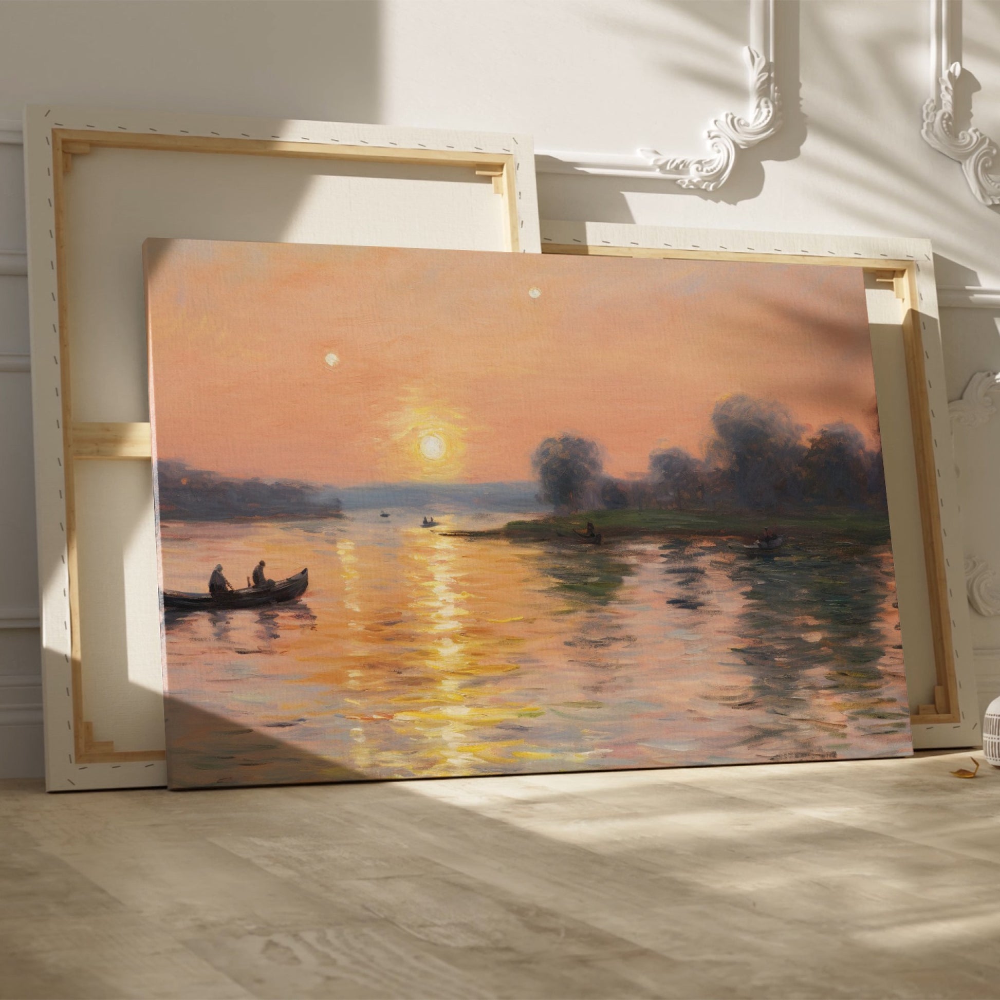 Framed canvas print of an impressionist sunset river scene with canoes and a warm glow