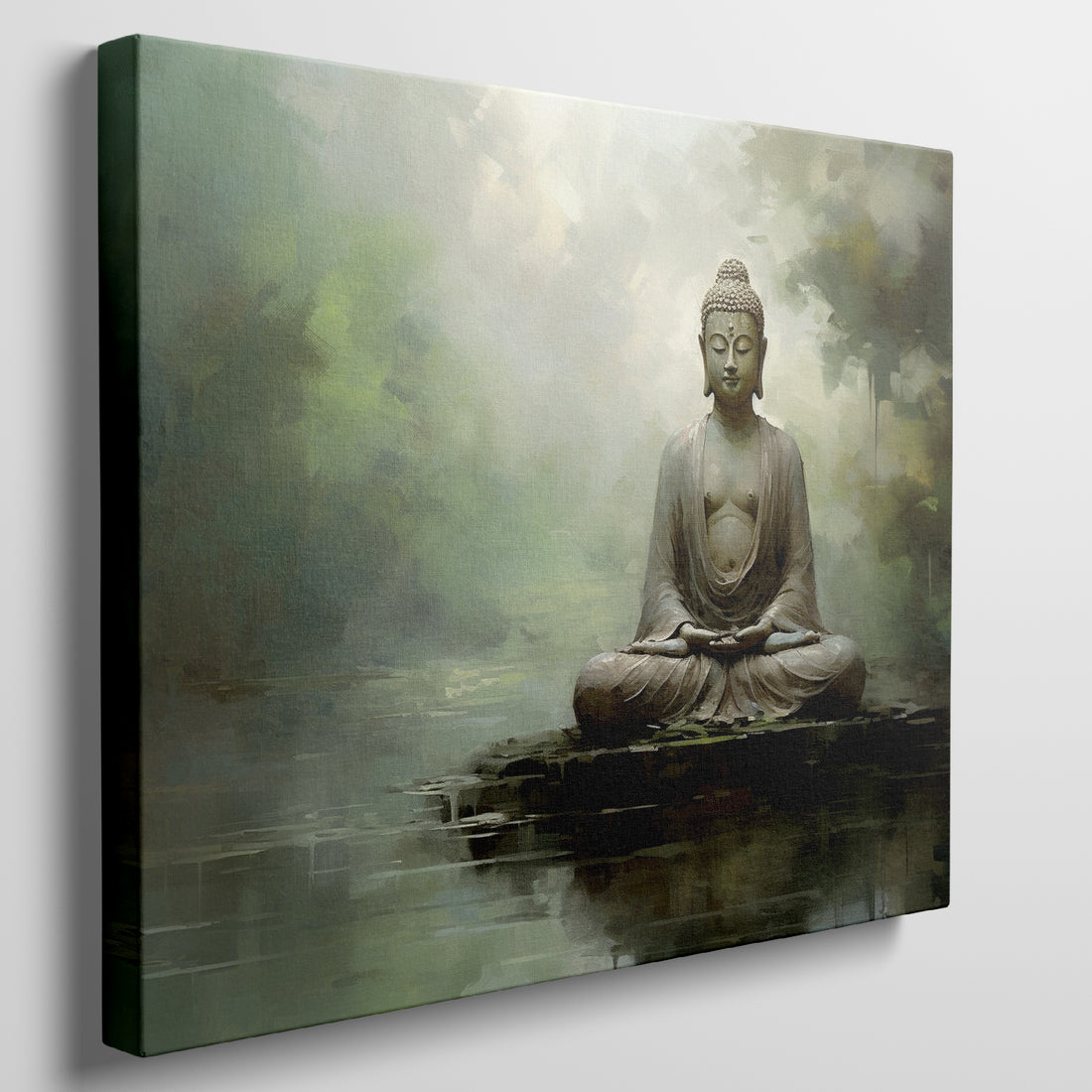 Framed canvas print of a meditative Buddha in serene colors