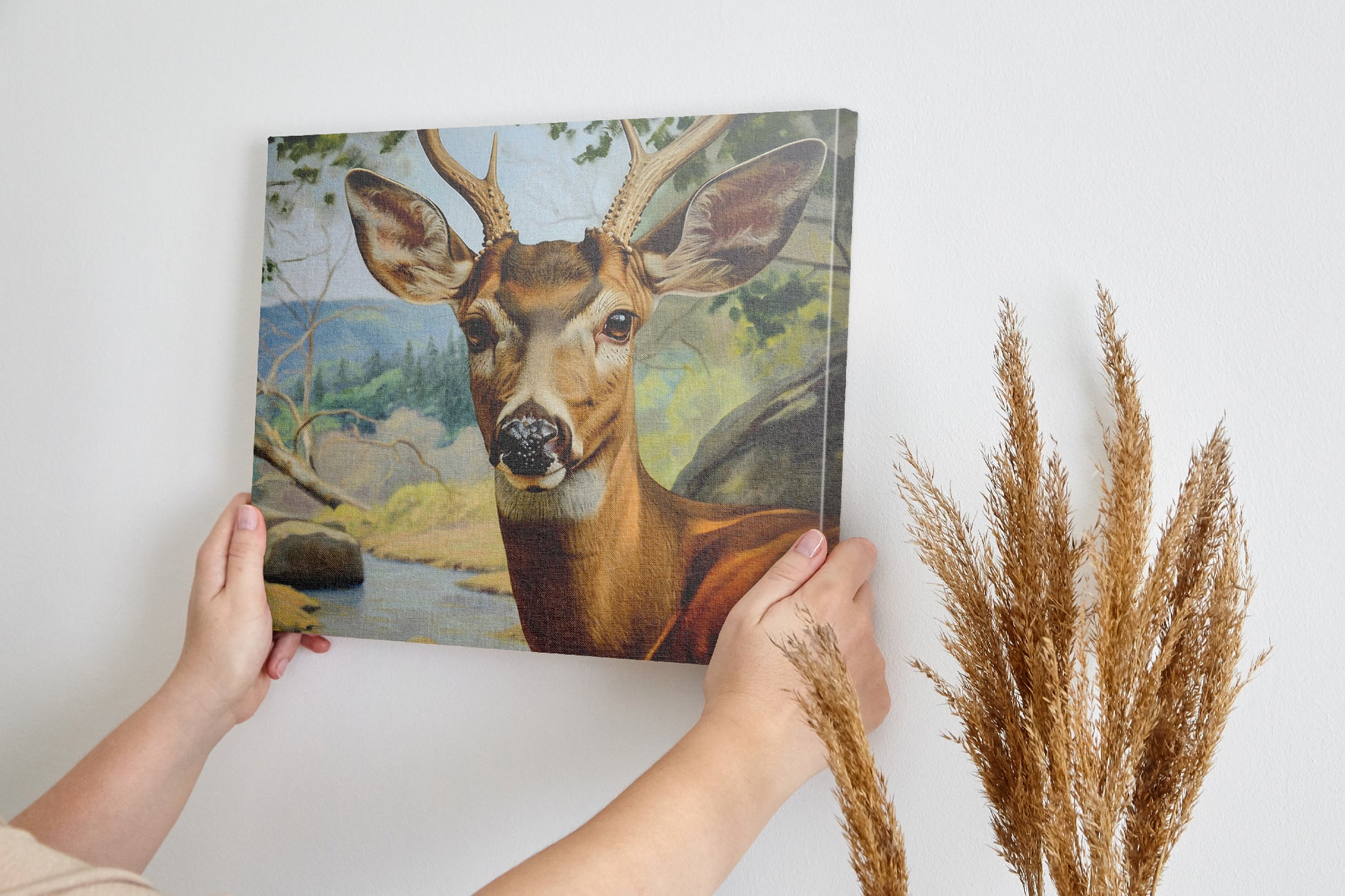 Framed canvas print of a realistic deer portrait with an endearing expression set against a detailed forest landscape