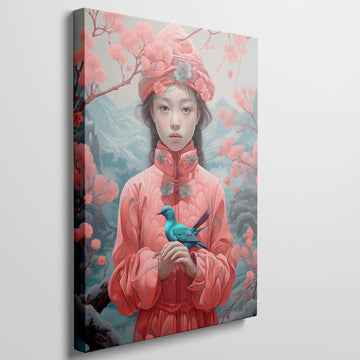 Framed canvas print of an Oriental girl in traditional pink attire with a blue bird and cherry blossoms