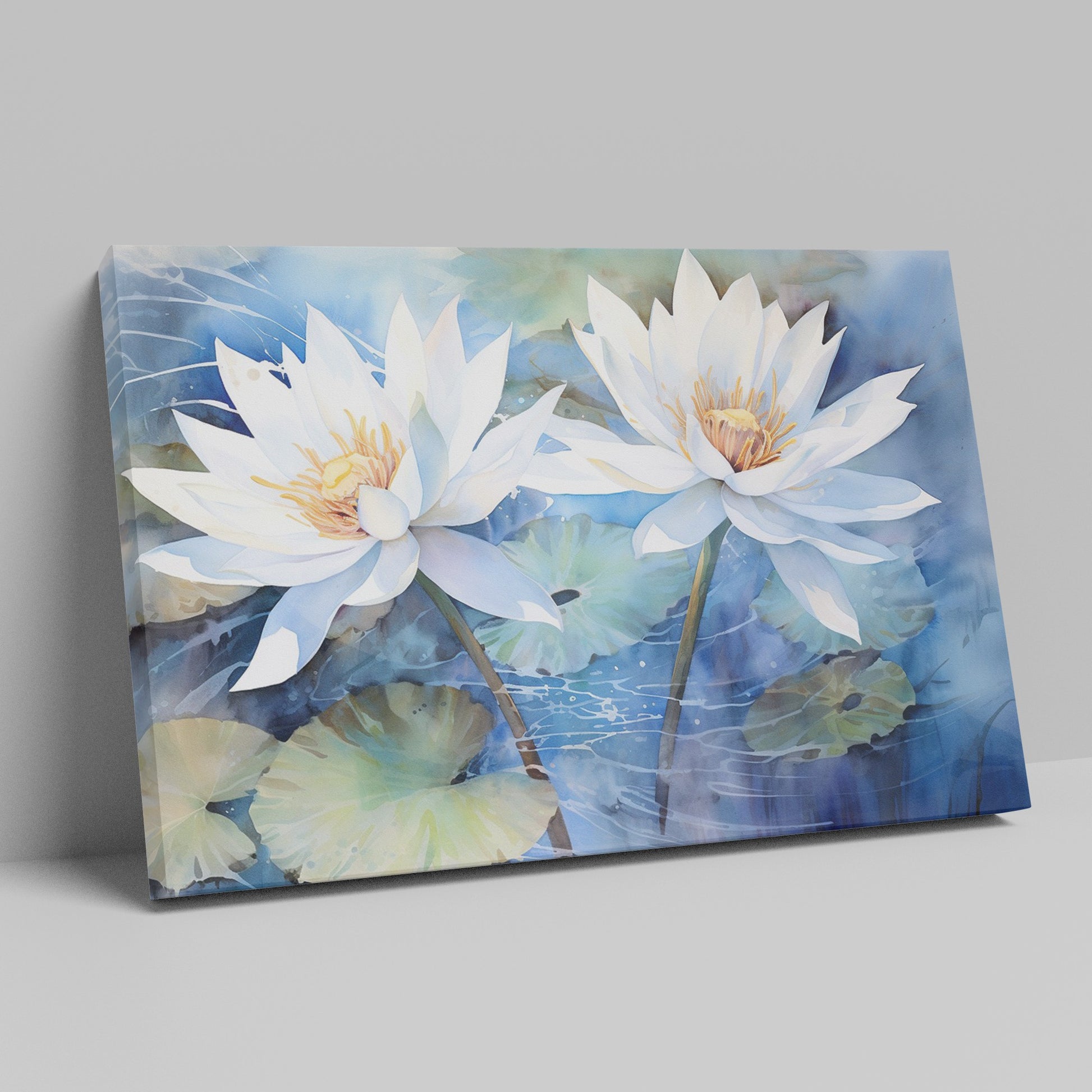 Framed canvas print of tranquil water lilies in watercolour blues and whites