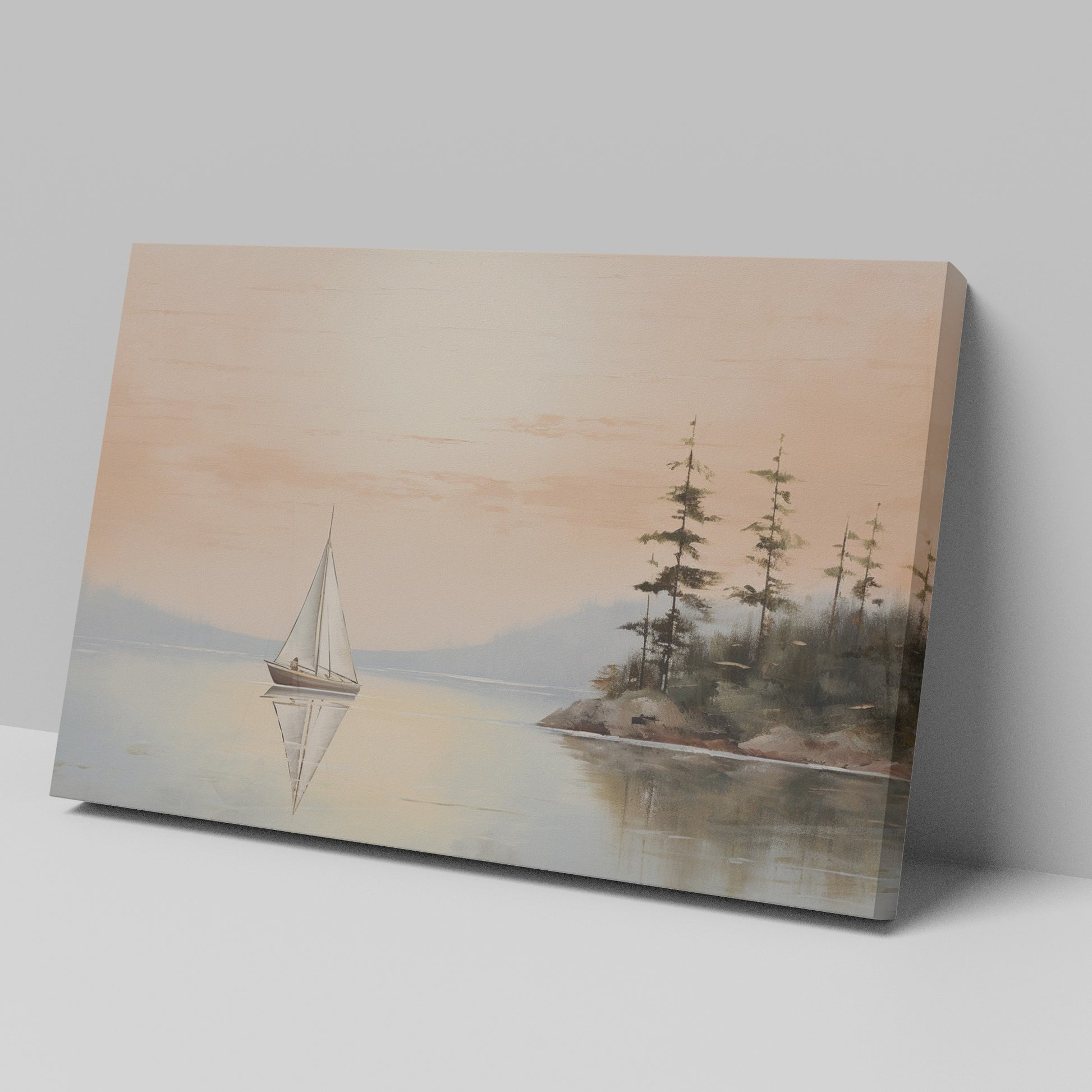 Peaceful landscape painting of a sailboat on a mirror-like lake with orange sky and pine trees