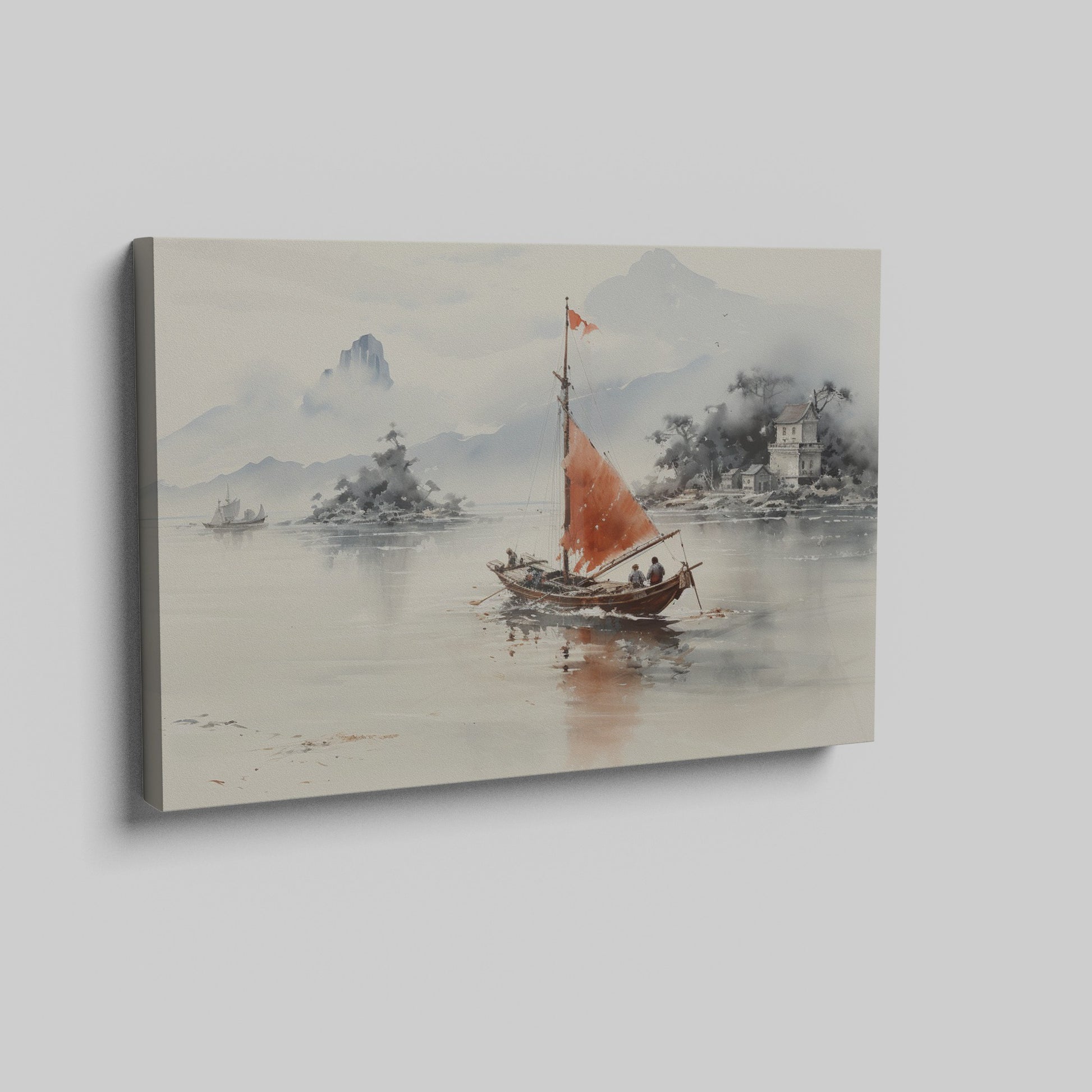 Framed canvas print of traditional Chinese painting featuring a sailboat, misty mountains, and historical architecture