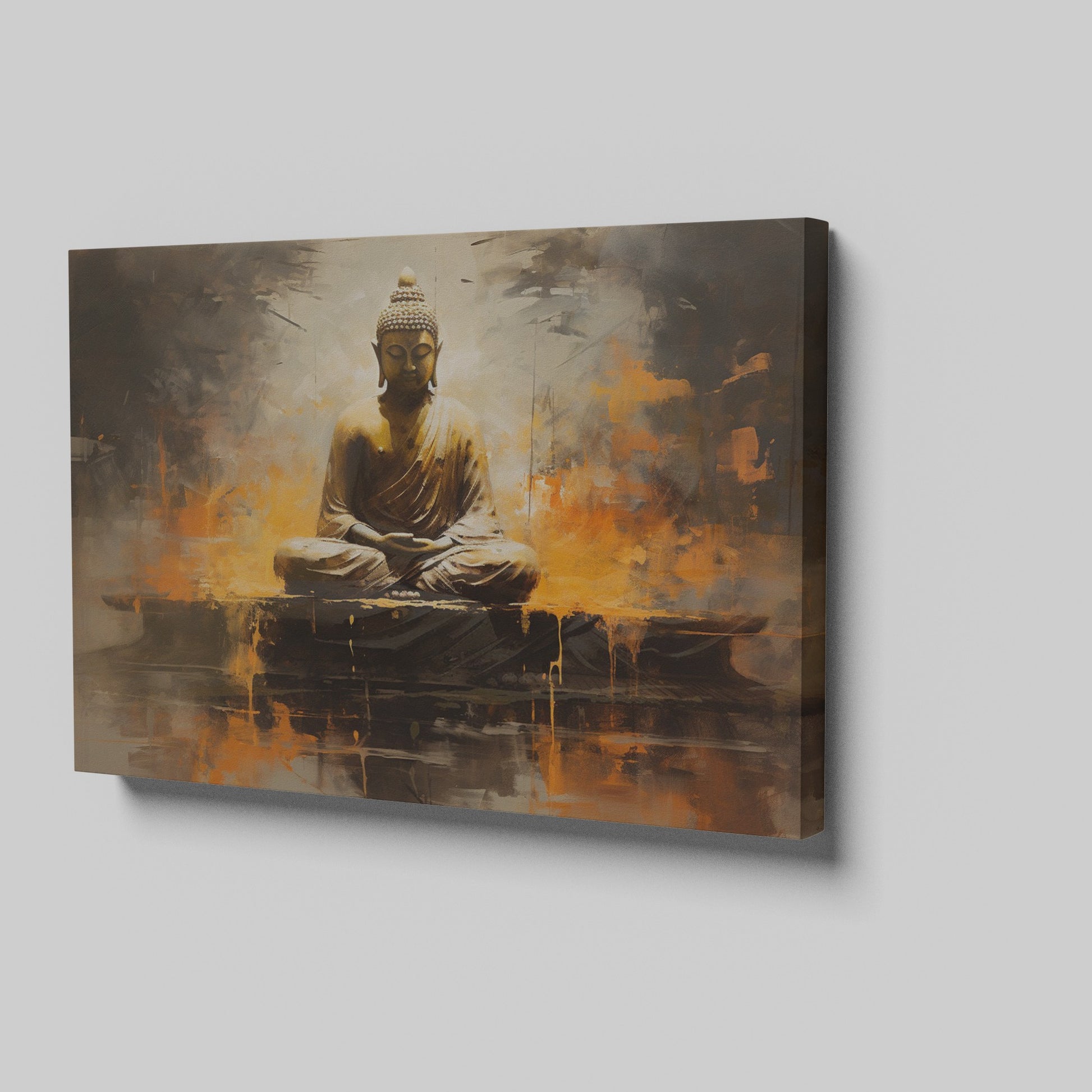 Framed canvas print of a serene Buddha in abstract style with warm orange and brown tones