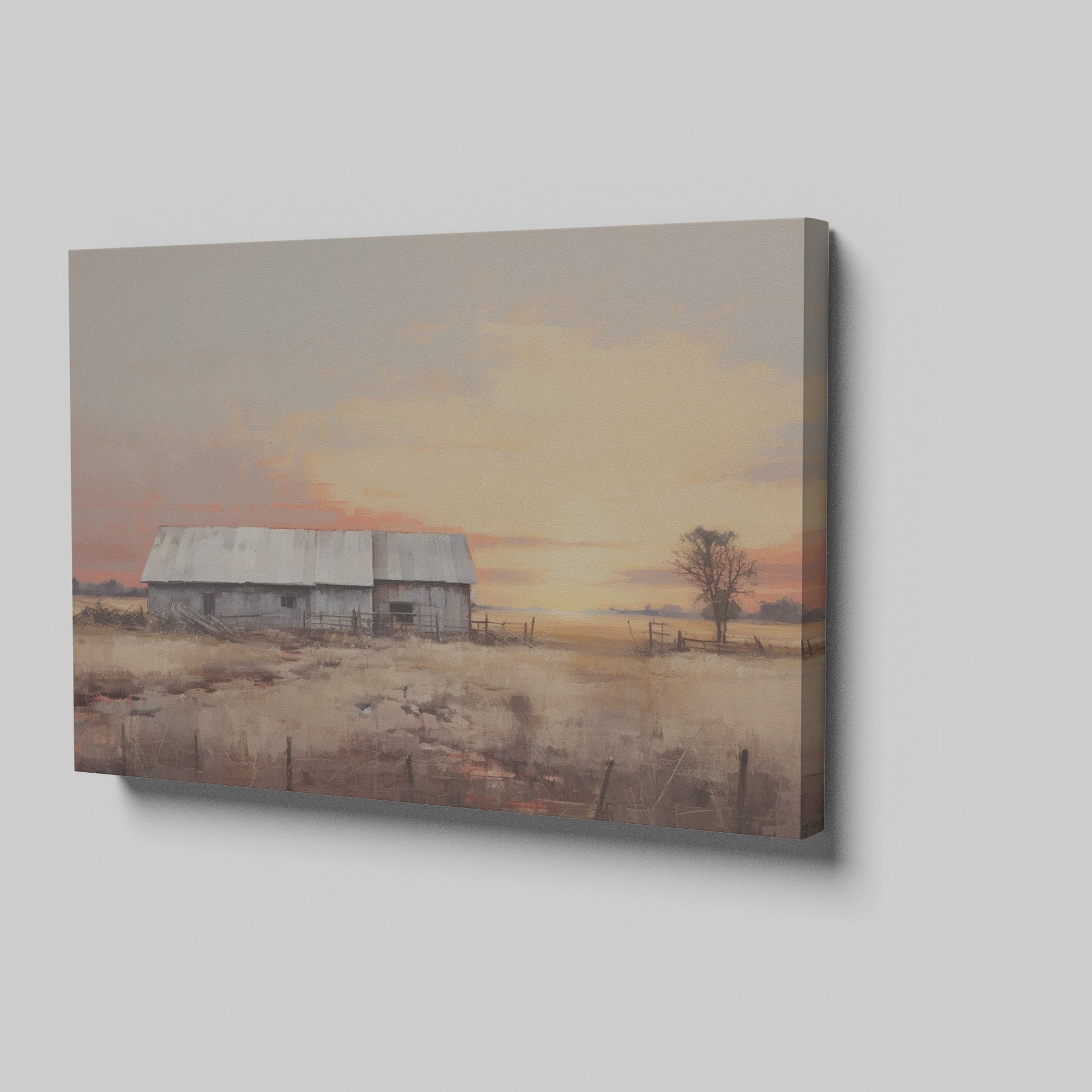 Framed canvas print of a rustic barn surrounded by tranquil fields at sunset, with warm golden and earthy tones.