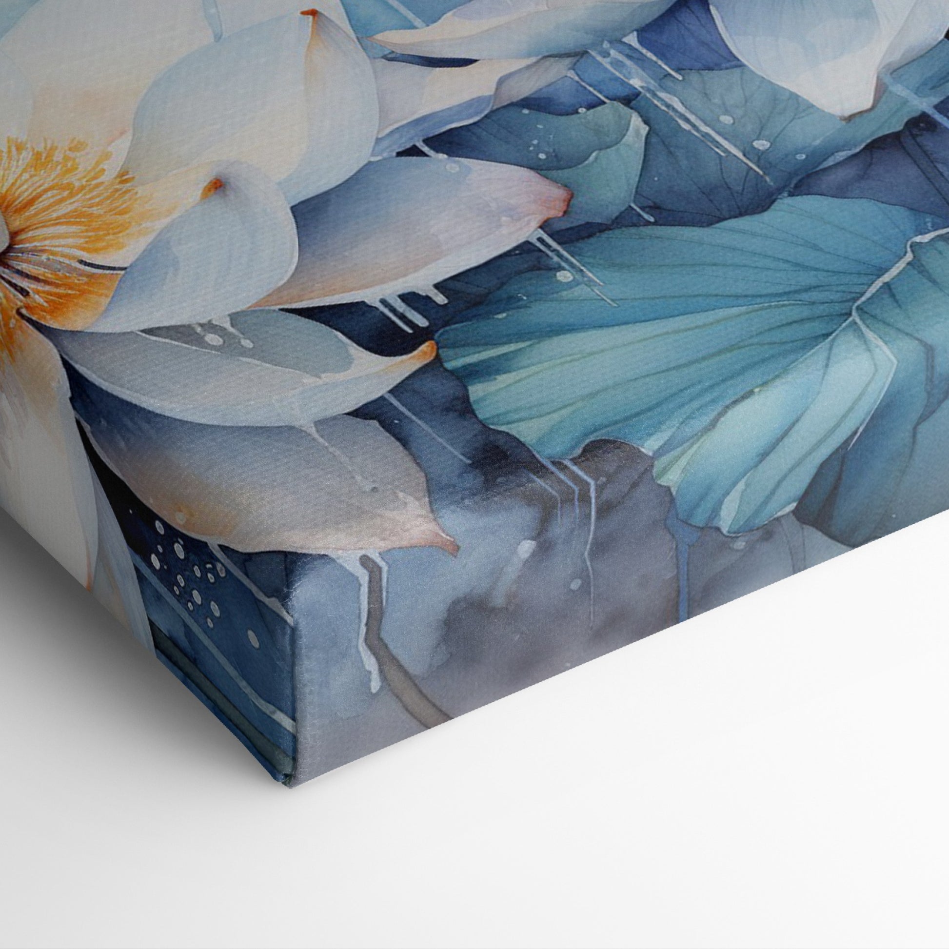 Framed canvas print of ethereal watercolor lotus flowers in tranquil blue hues