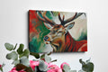 Framed canvas print of a vibrant, abstract impressionistic stag with bold colours and brushstrokes