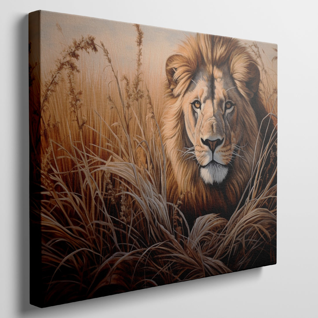 Framed canvas print of a realistic lion portrait in earthy tones