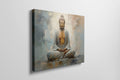 Framed canvas print of a serene Buddha in meditation with abstract elements and warm colour palette