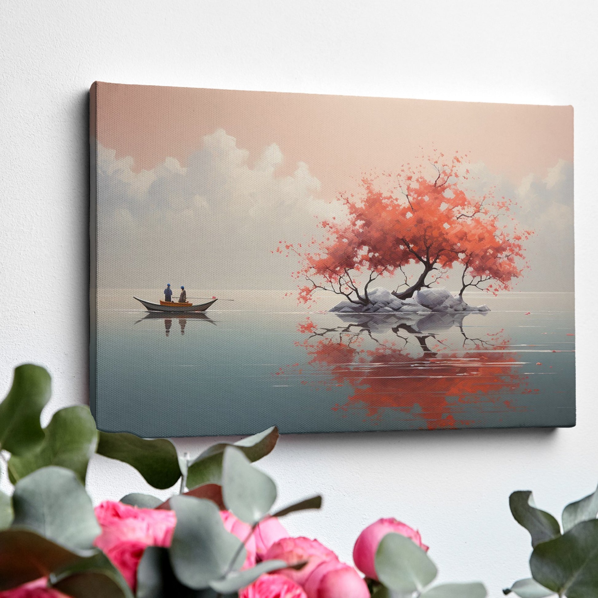 Framed canvas print of a tranquil lake with cherry blossoms and boat