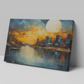 Framed canvas print of vibrant sunset with cityscape reflection over water and textured brush strokes