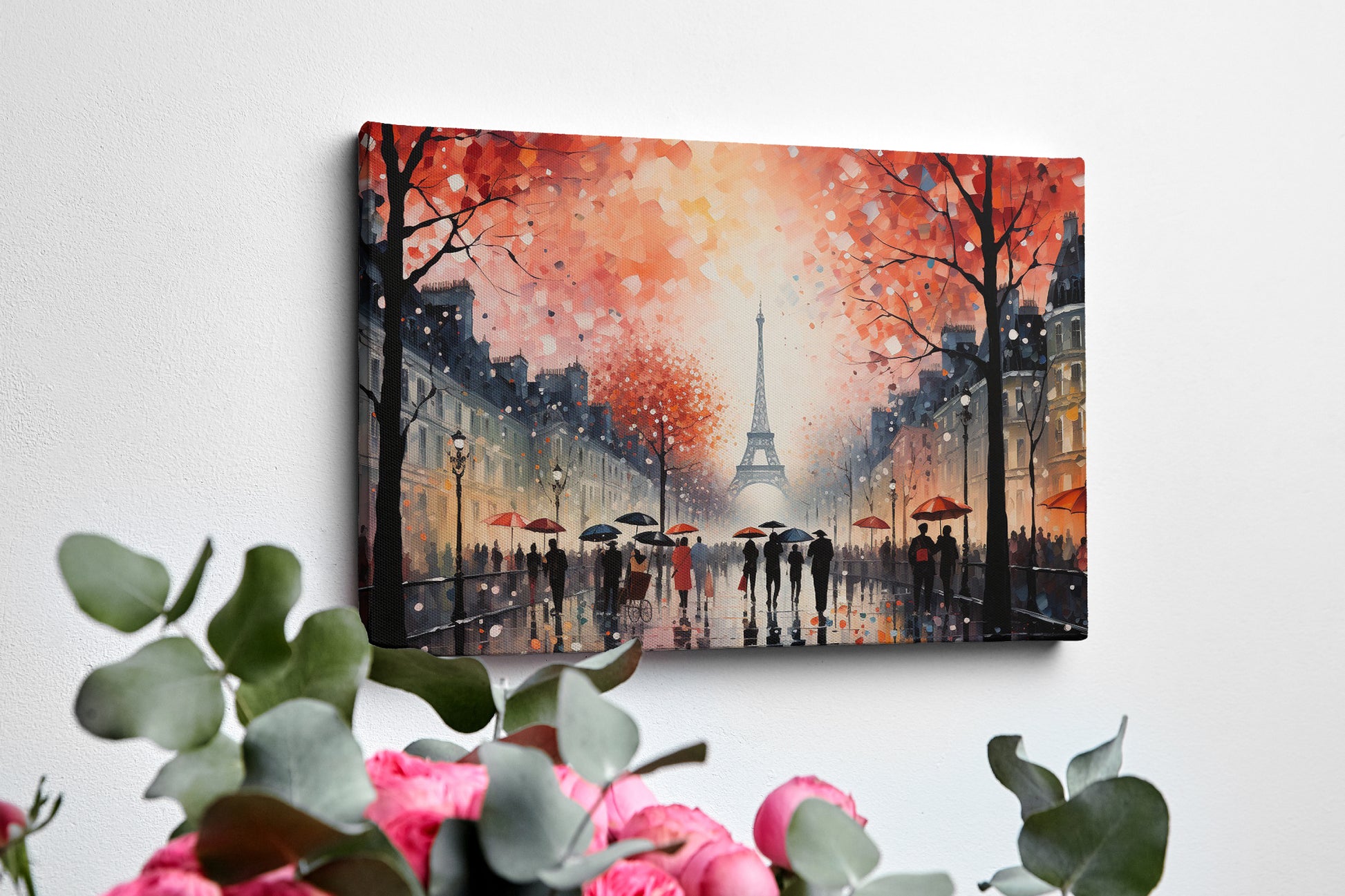 Framed canvas print of an Impressionist Parisian scene with Eiffel Tower and autumn trees