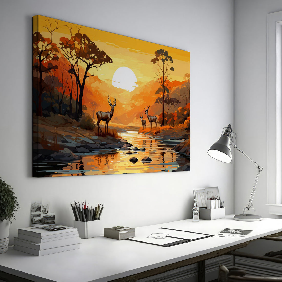 Illustrated woodland scene with deer by a river at sunset in orange and brown tones.