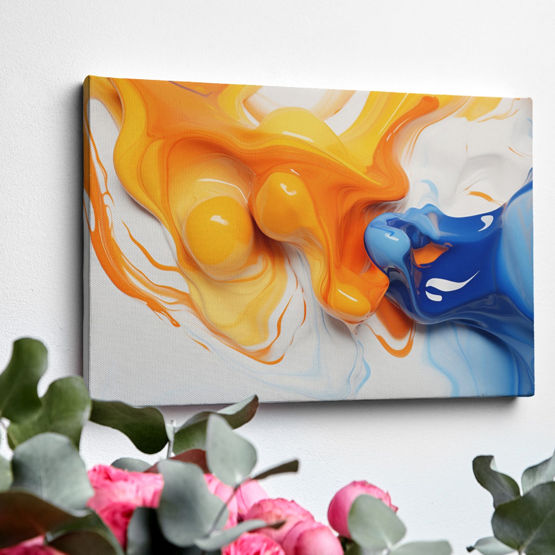 Framed canvas print of vibrant orange and blue abstract fluid art