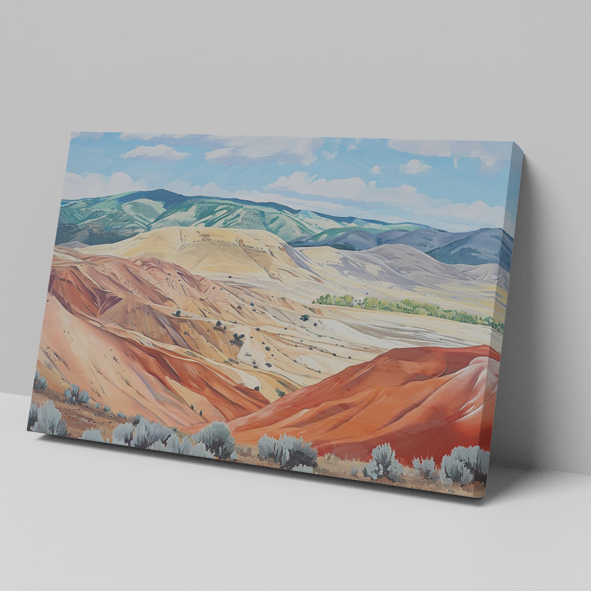 Framed canvas print of a serene and rustic painted hills landscape