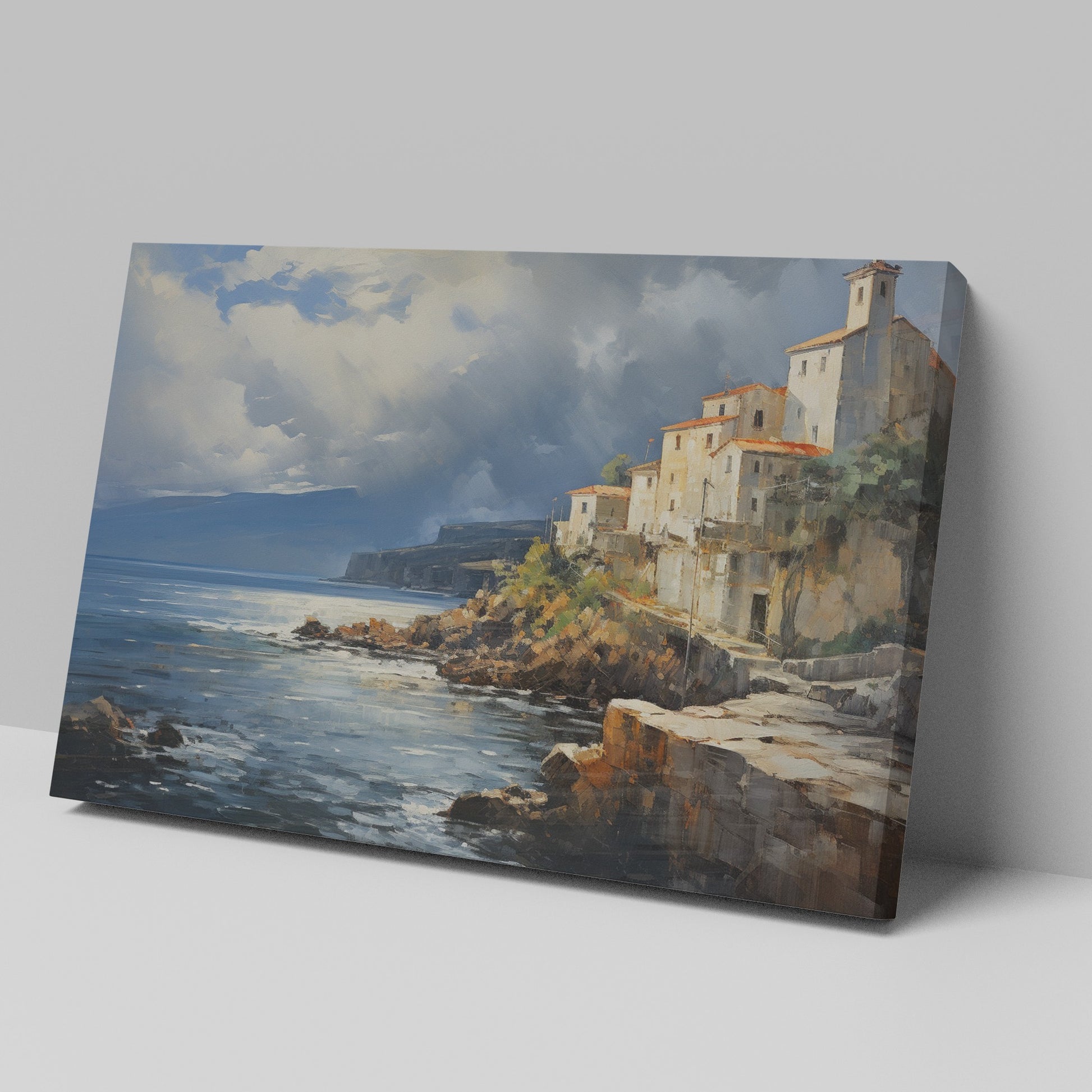 Framed canvas print of a realistic painting depicting a cliffside Mediterranean village with vivid blue sea and sky