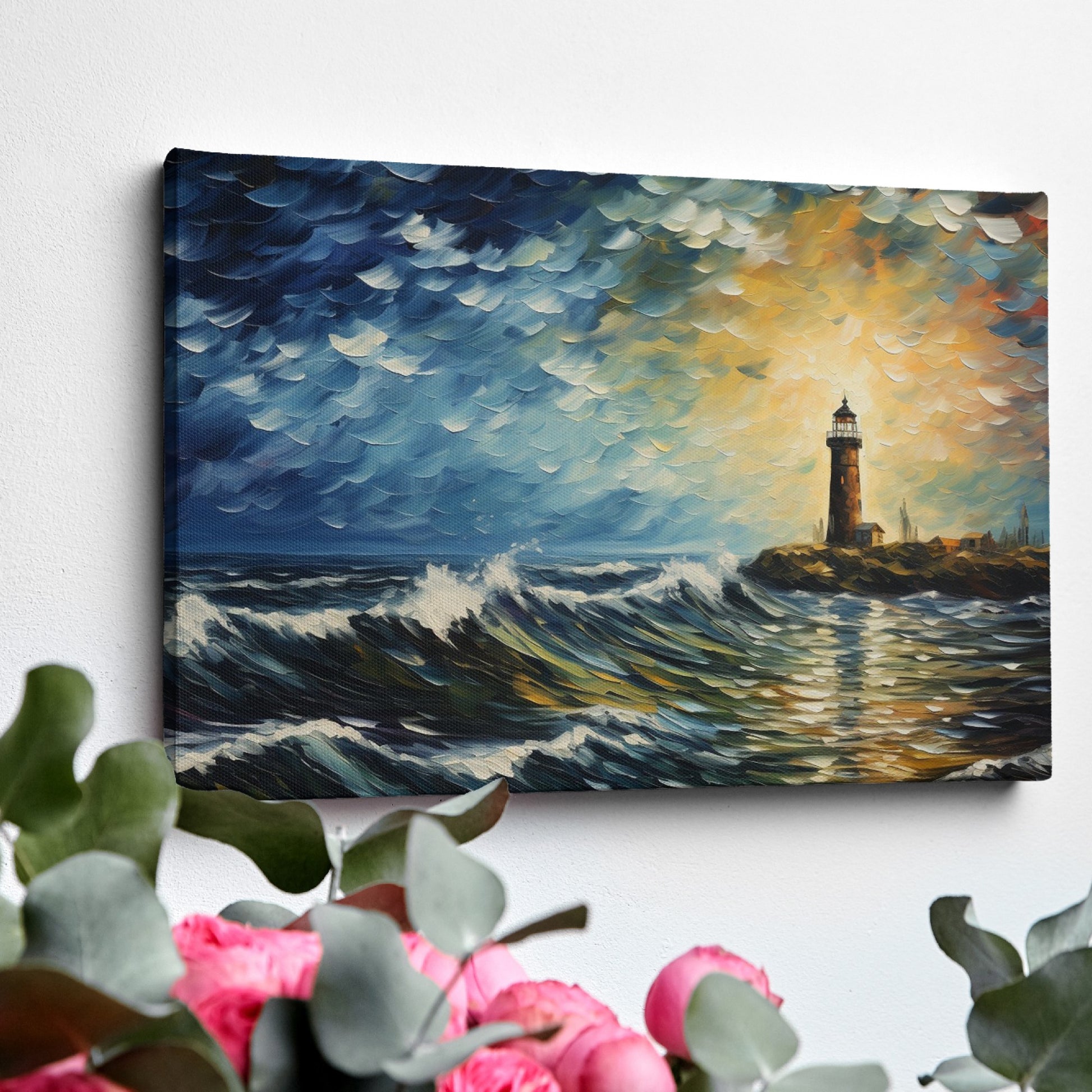 Framed canvas print of an impressionist lighthouse seascape at sunset with textured waves and a vivid sky