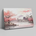 Framed canvas print of oriental landscape with cherry blossoms and pagoda