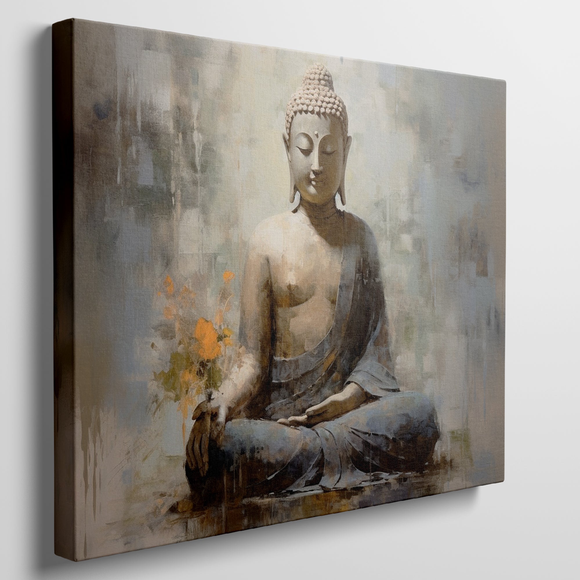 Framed canvas print of a serene meditative Buddha with abstract elements and earthy tones