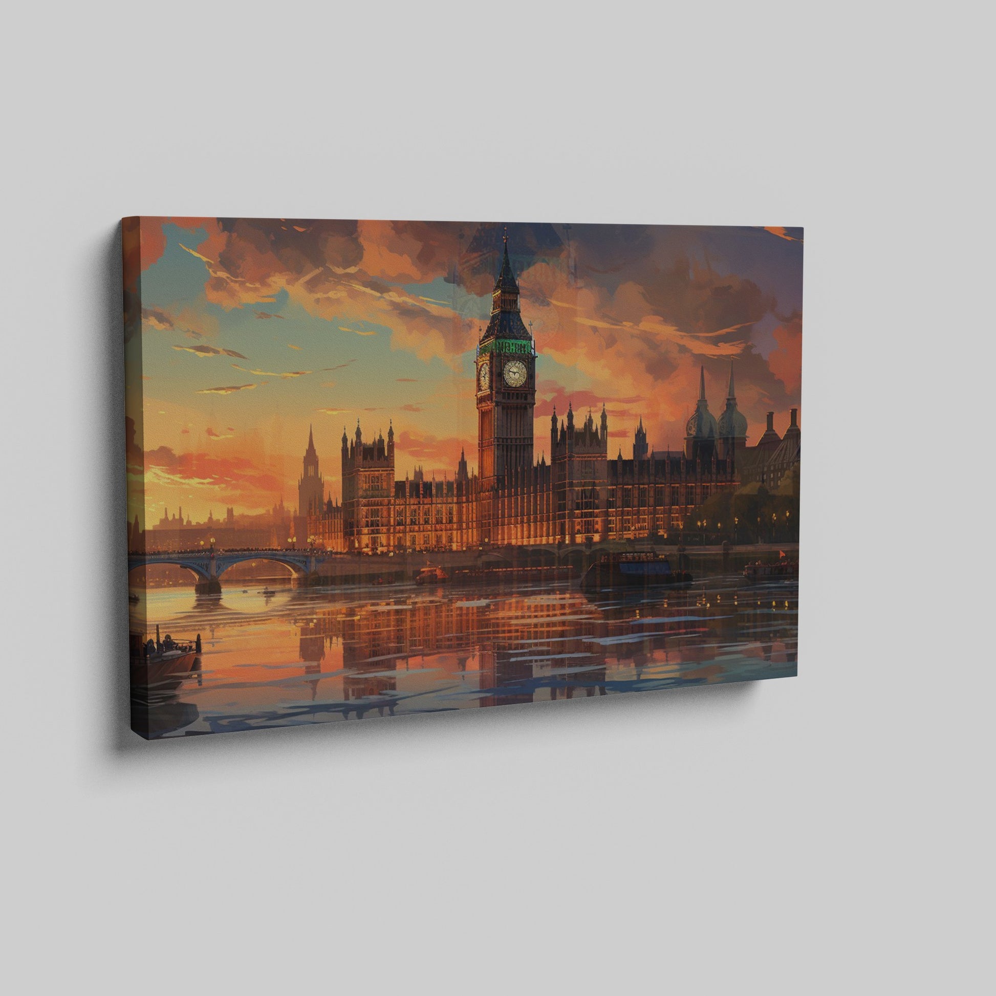 Framed canvas print of a colourful sunset over Big Ben and the London skyline, with stark reflections in the River Thames.