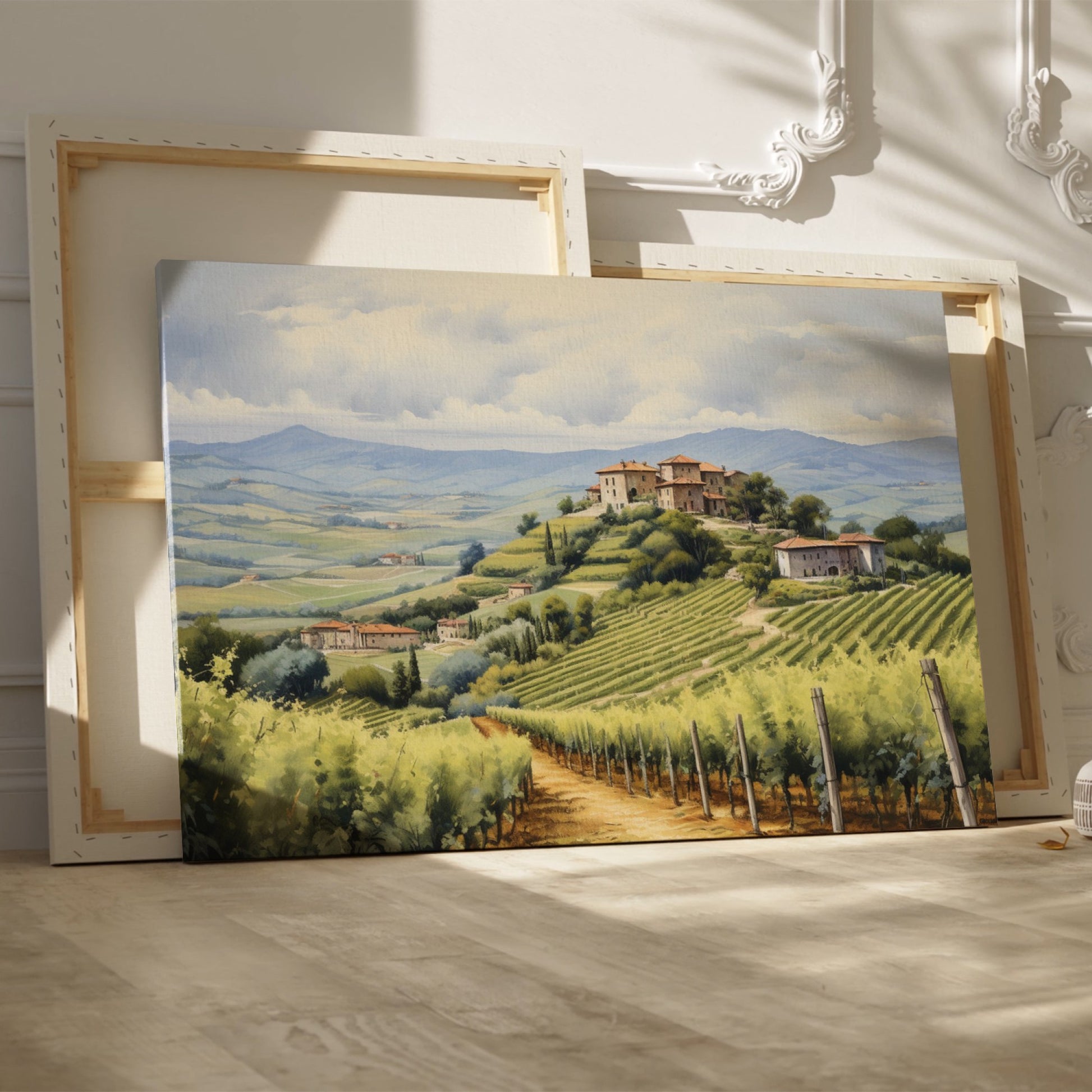 Framed canvas print of a tranquil Tuscan vineyard with rolling hills and Italian country houses