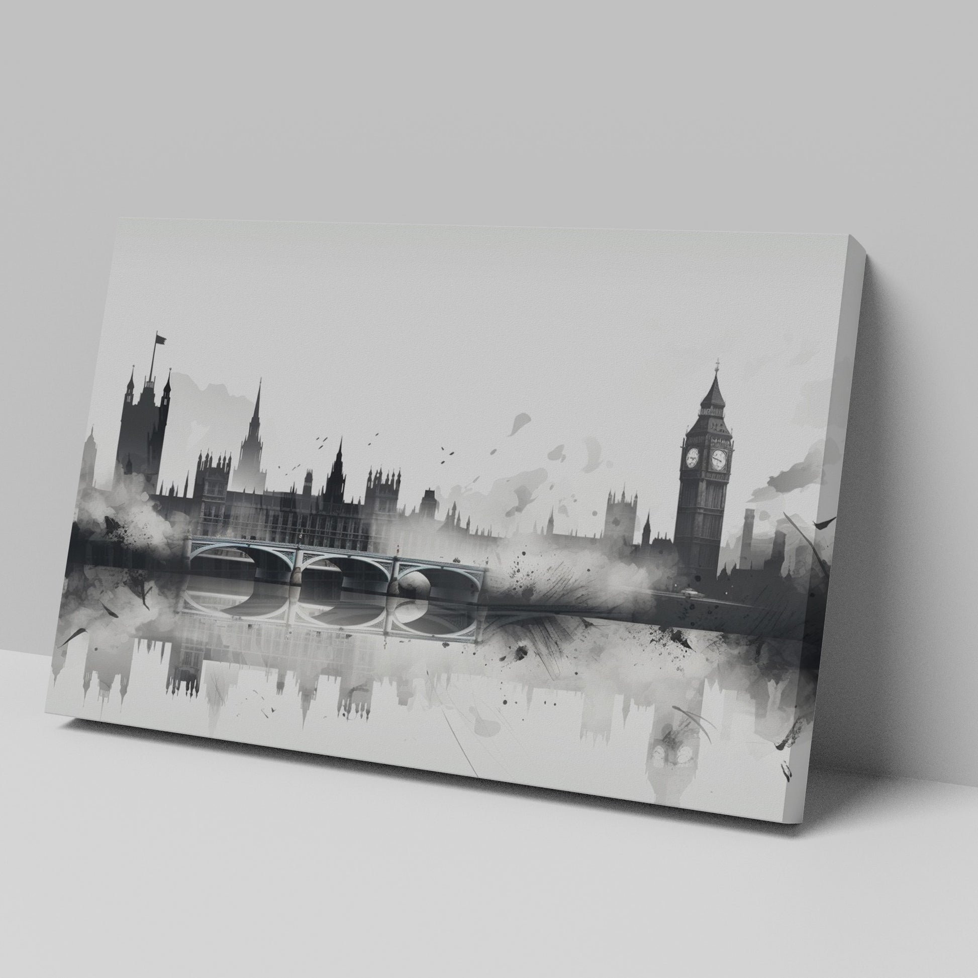 Framed canvas print of monochrome watercolour London skyline with Big Ben and Westminster