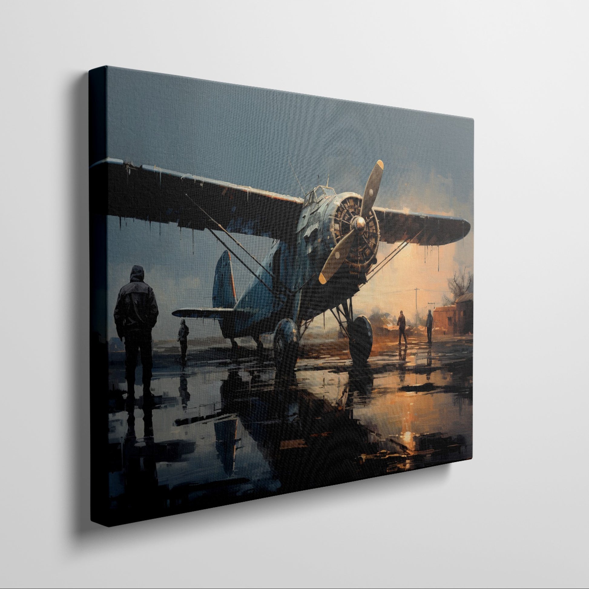 Framed canvas print of vintage warplane at a reflective wet airfield during twilight