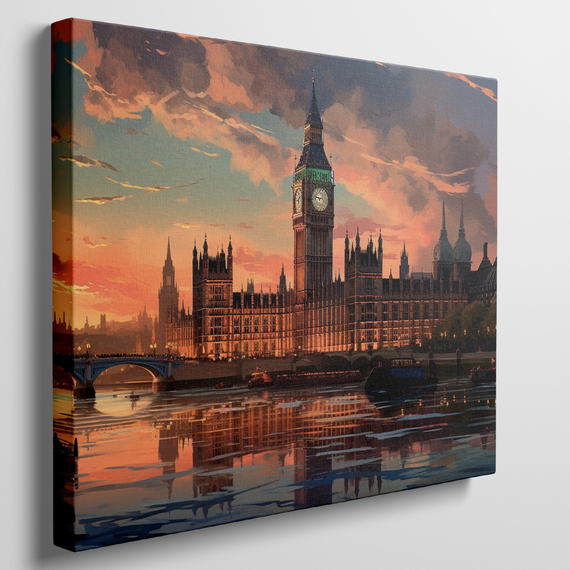 Framed canvas print of a colourful sunset over Big Ben and the London skyline, with stark reflections in the River Thames.