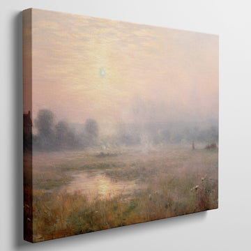 Framed canvas print of a misty countryside meadow with a sunrise and soft pastel colours