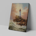 Framed canvas print of a clifftop lighthouse overlooking turbulent sea waves, under a light-infused sunset sky