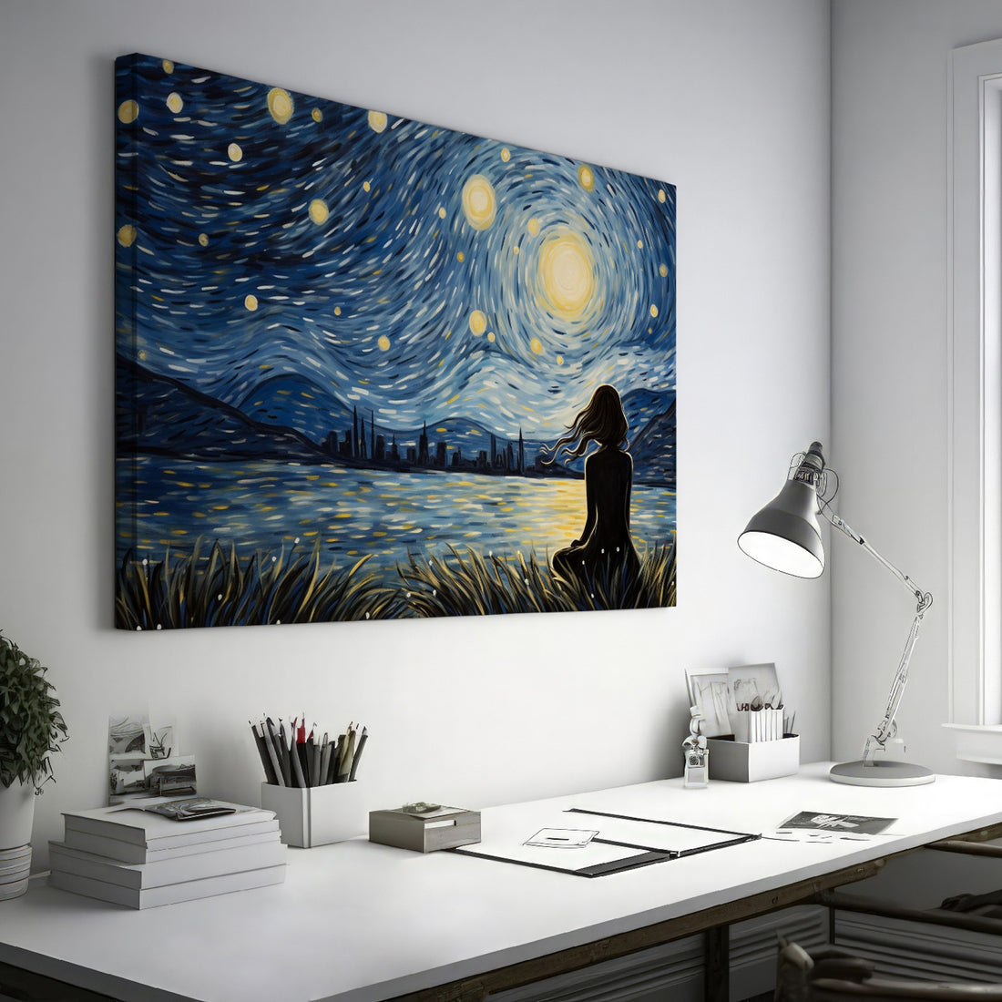 Framed canvas print of a Van Gogh-inspired starry night with a city silhouette and contemplative figure