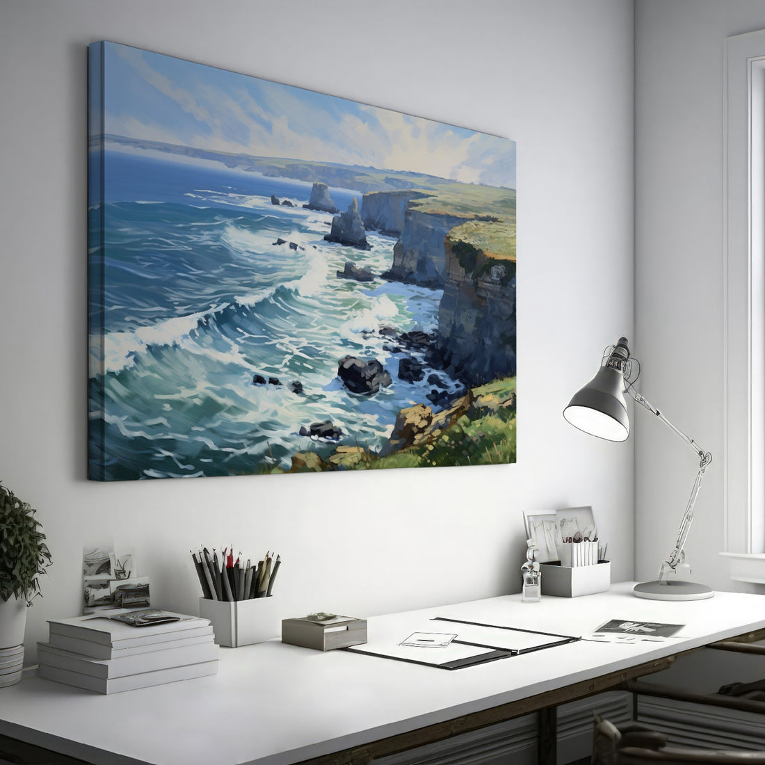 Framed canvas print of a coastal cliffside seascape with ocean waves and sunny skies