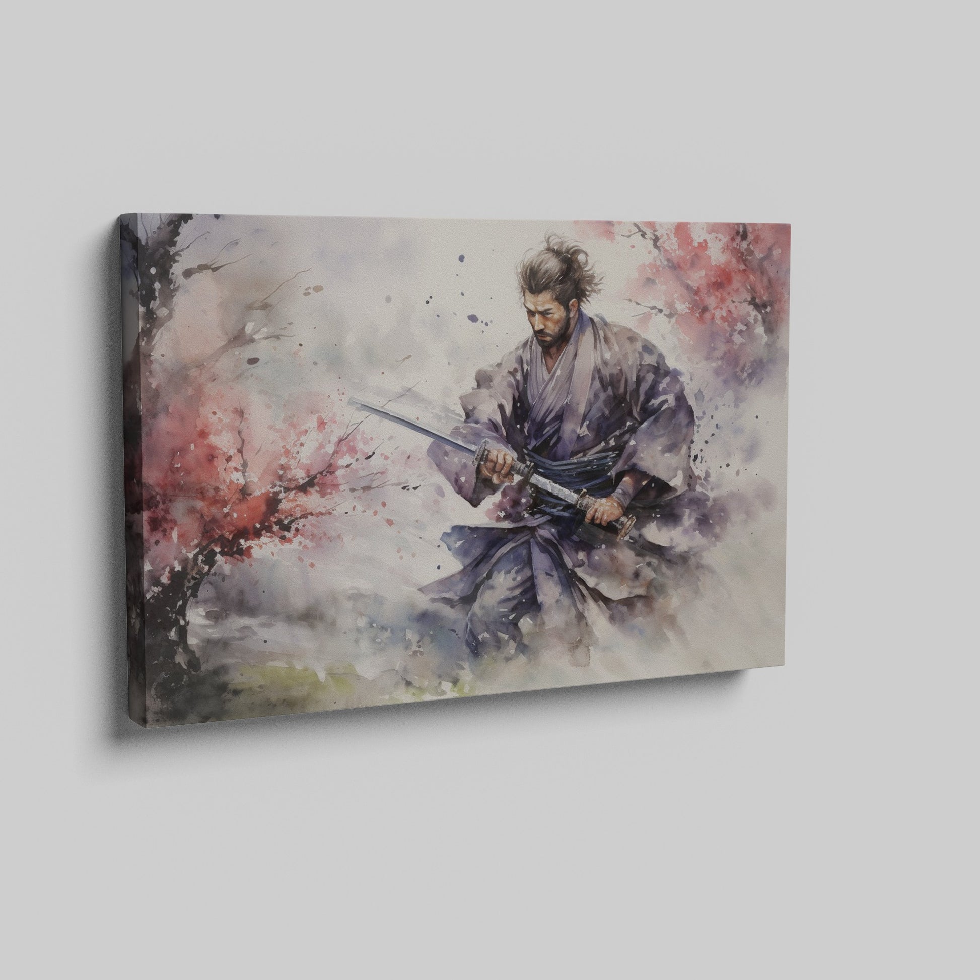 Framed canvas print of a samurai warrior in watercolour, with dynamic ink splatters in vivid hues.