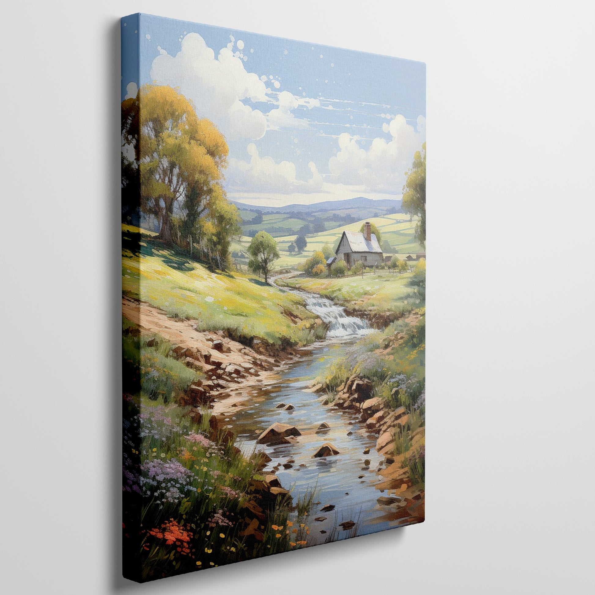 Framed canvas print of a vibrant rural landscape with a stream and cottage