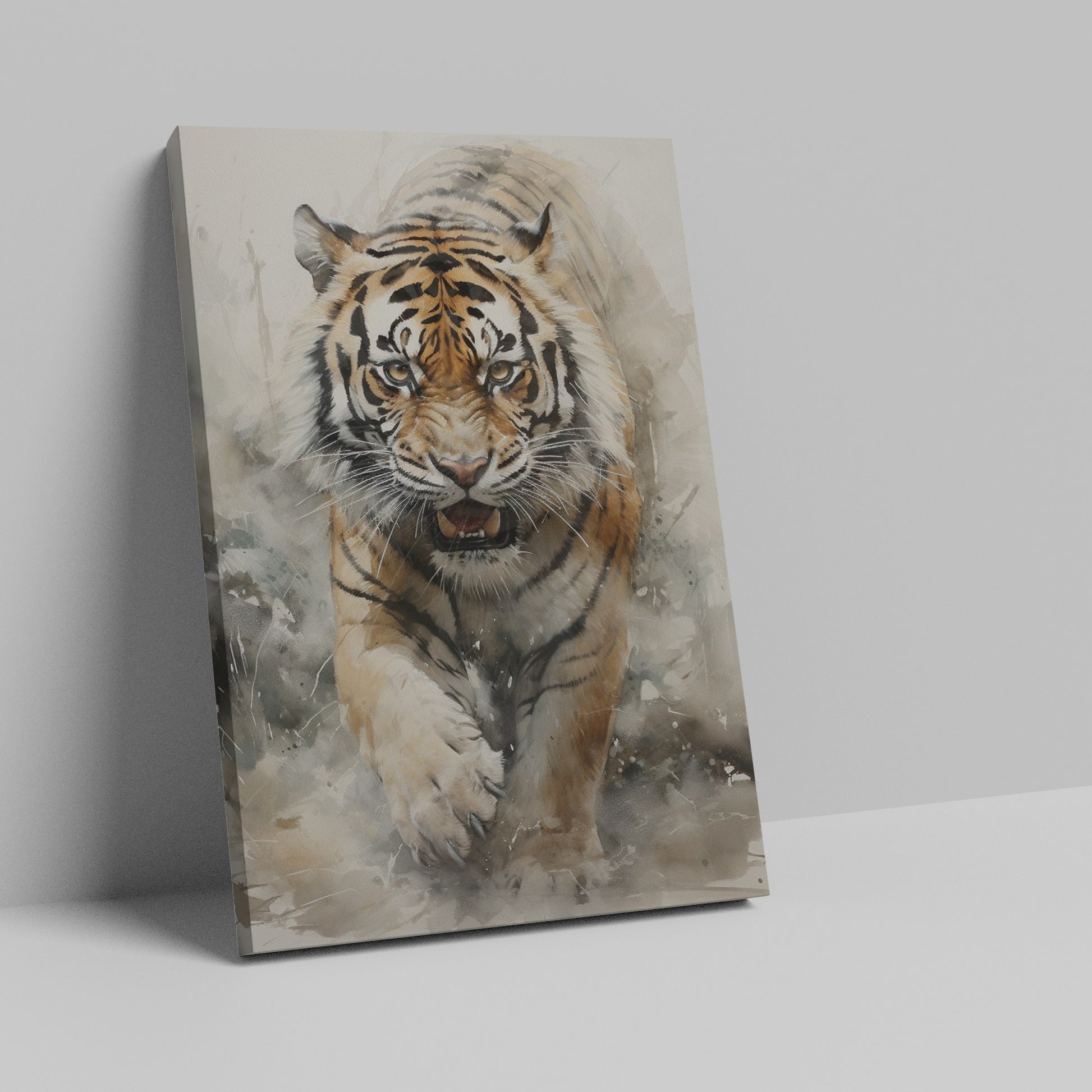 Framed canvas print of a fierce and majestic tiger in watercolour, highlighting the animal's intense gaze and striking details against a neutral backdrop.