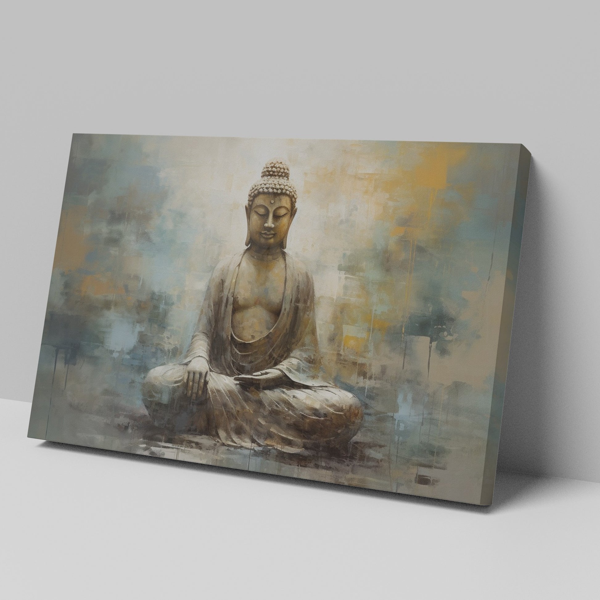 Framed canvas print of a serene Buddha in abstract style with earthy, golden hues